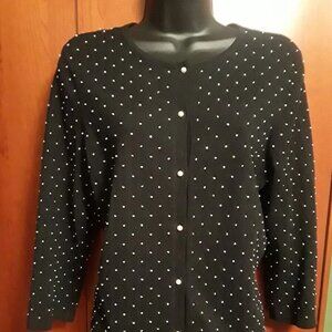 Jones New York Signature Cotton Blend Cardigan Faux Pearls Beads & Buttons